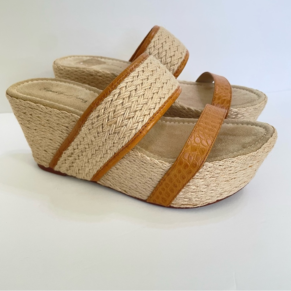 Elizabeth and James Bounce Wedge Natural Straw Double Strap Platform Sandals